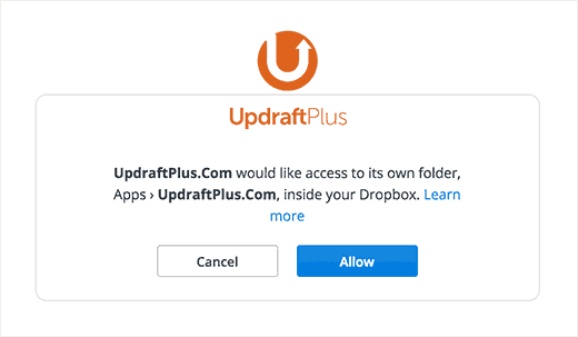 UpdraftPlus'ın Dropbox'a erişmesine izin ver