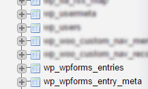 PhpMyAdmin listesinde gösterilen wp wpforms entries ve wp wpforms entry meta tabloları