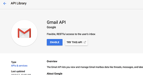 Gmail API'sını etkinleştir