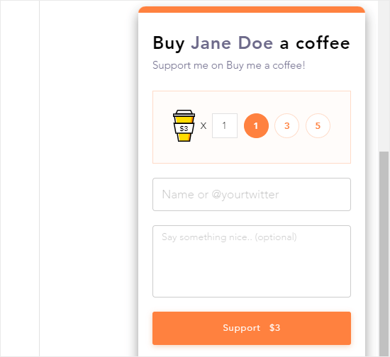 Bir web sitesinde eylem Bana Bir Kahve Al widget