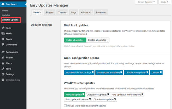 Easy Updates Manager eklentisi için ayarları yapılandırma