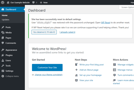 WPReset'in WordPress sitenizi başarıyla sıfırladığınızı onaylayan mesajı