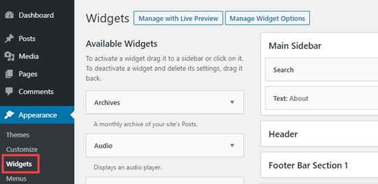 WordPress yöneticisinin widget bölümü