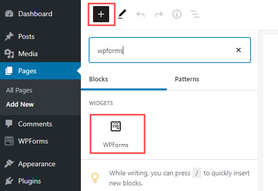 WordPress'te sayfanıza bir WPForms bloğu ekleyin