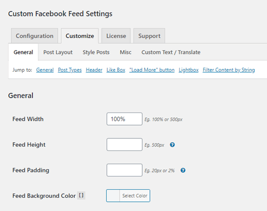 Özel Facebook Besleme eklentisi için Özelleştirme seçenekleri