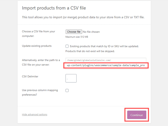 Ürün örneği CSV dosyanızın URL yolunu girme