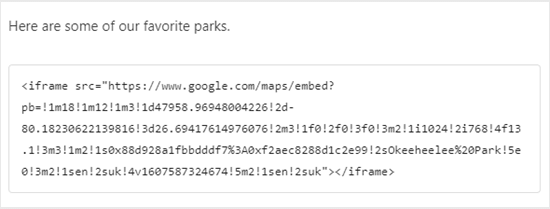 Entering the iFrame code for the Google map