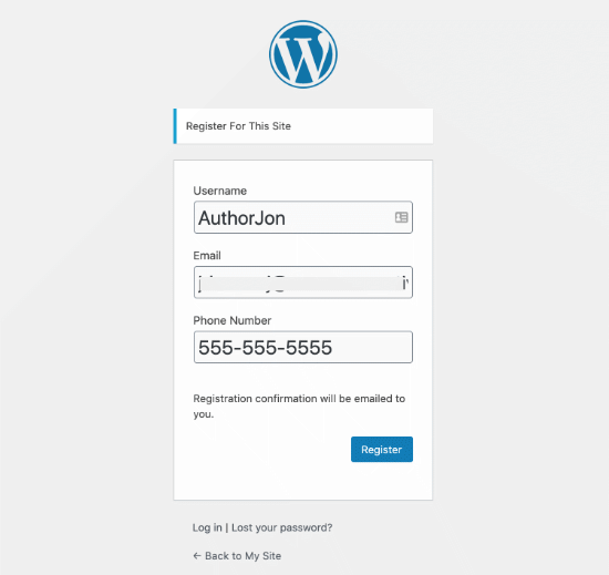 WordPress user registration form