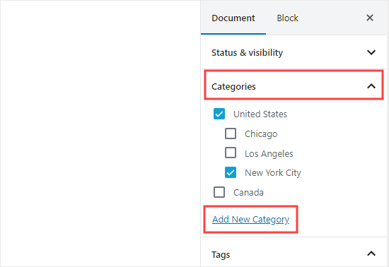 Adding a new category in the document settings of a post