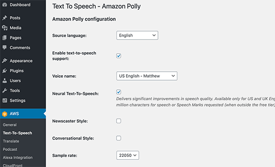Text to speech settings