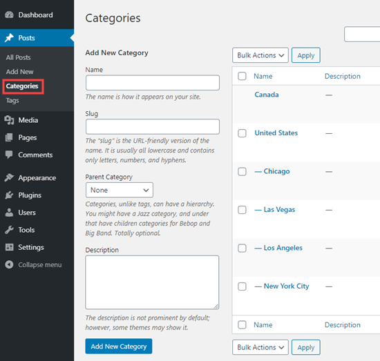 Adding a new category under Posts - Categories in WordPress