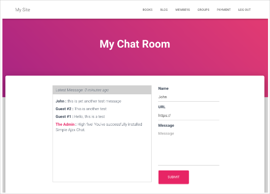 Chat room published on page