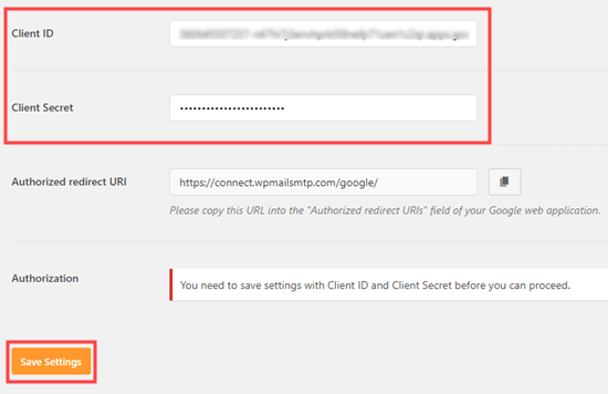 İstemci kimliğinizi ve istemci sırrınızı WP Mail SMTP ayarlarınıza girme