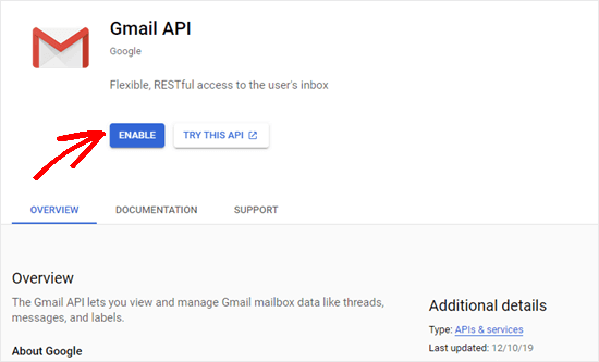 Gmail API için Etkinleştir düğmesini tıklamak