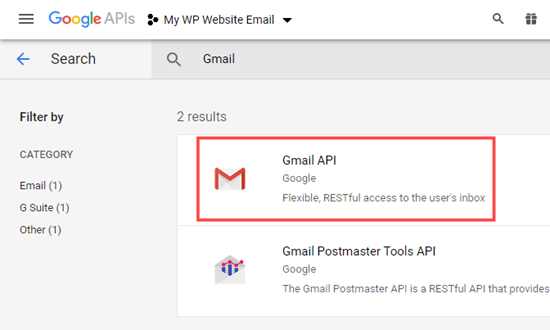 Gmail API'sini seçme