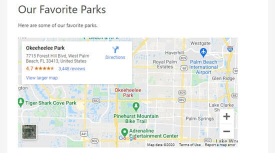 Sitedeki belirli bir yükseklik ve genişliğe sahip Google haritası