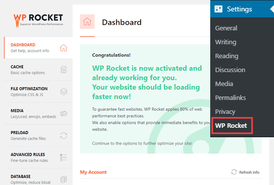 WP Rocket'in aktif olduğunu ve sitenizde çalıştığını gösteren mesaj