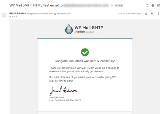 Gelen kutumuzdaki WP Mail SMTP'den gelen test e-postası