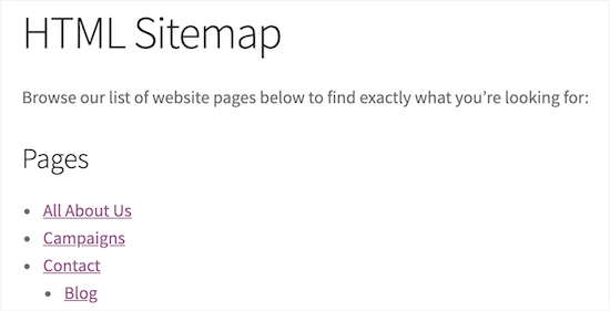HTML site haritası sayfası örneği