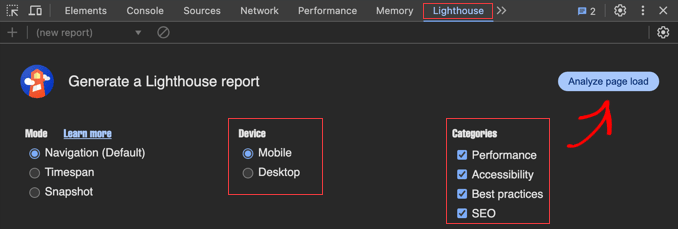 lighthouse google chrome devtools